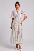 White Floral Lace A-Line Midi Dress with Keyhole Neckline Flowering Girl