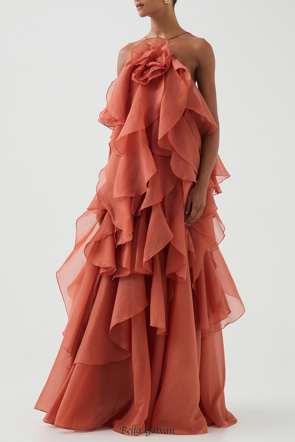 Caysie Halter Floral Ruffle Layered Maxi Dress in Orange Flowering Girl