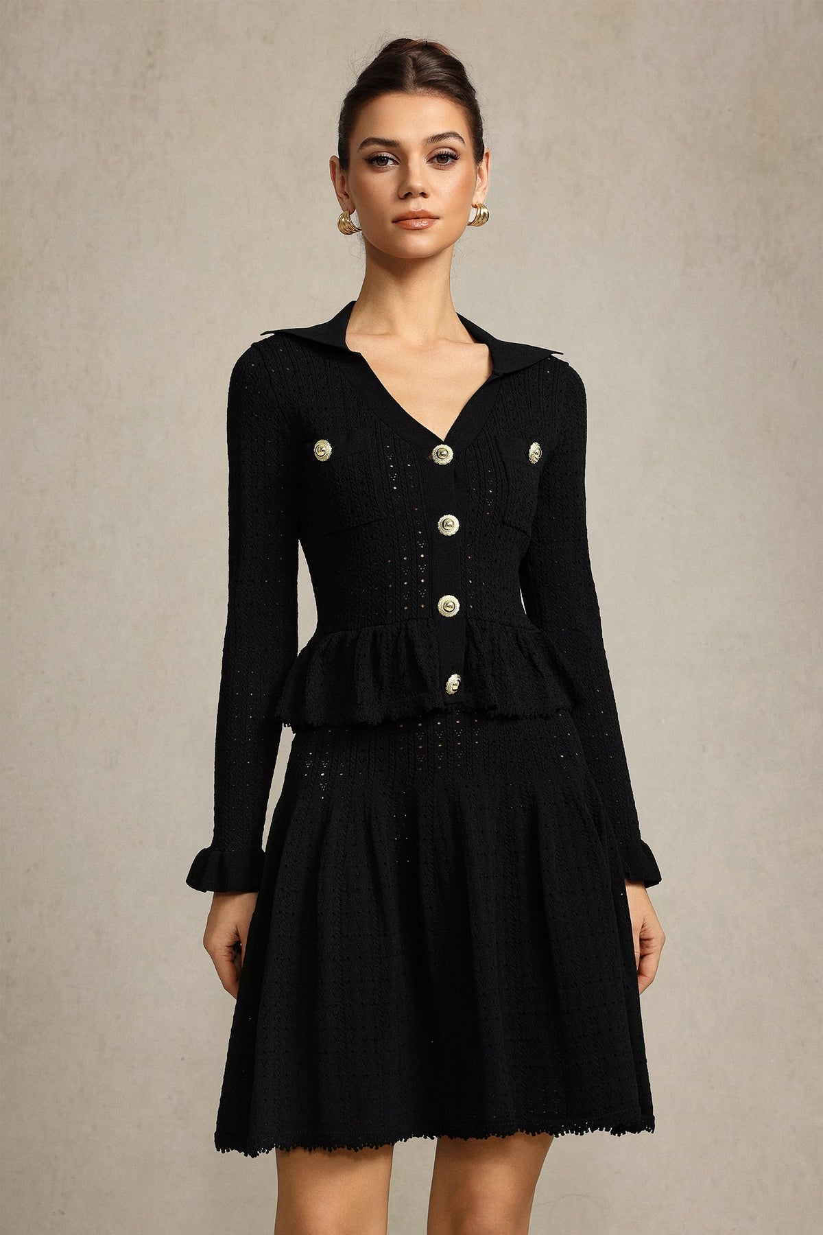 Leaf-Edge Paneled V-Neck Knitted Mini Dress In Black Flowering Girl