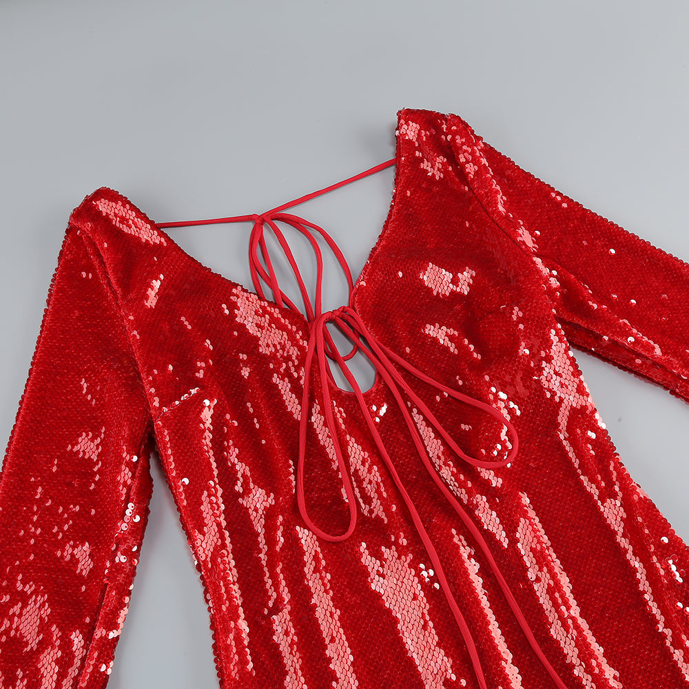 Betsy Red Long Sleeve Sequin Midi Dress Flowering Girl