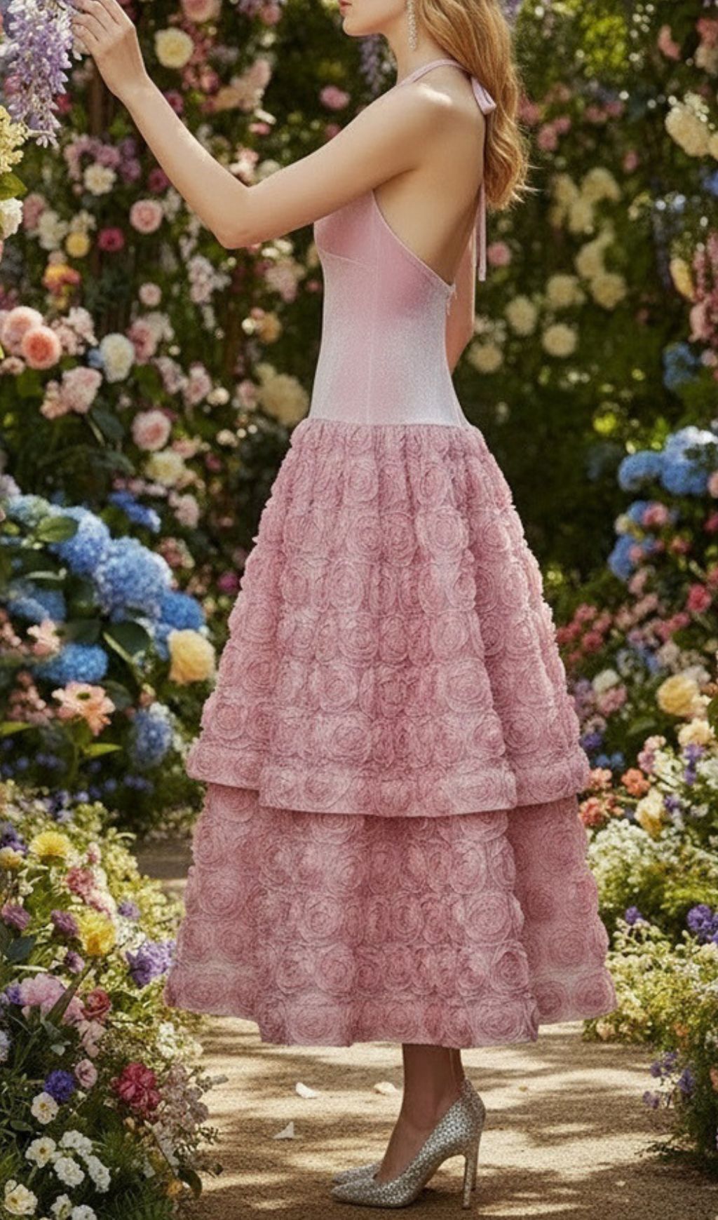 Jonila Pink Halter Flower Midi Dress Flowering Girl