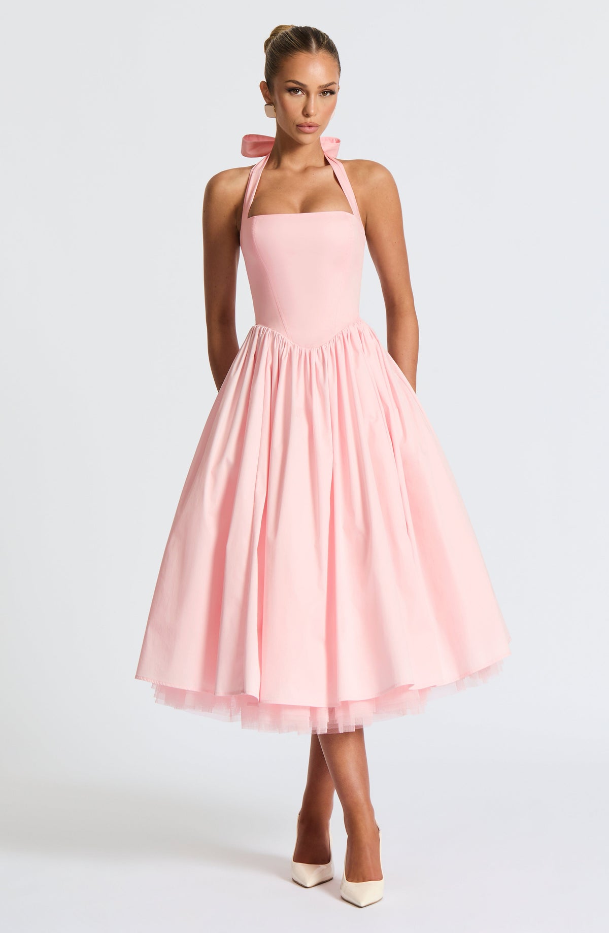 Cressida Backless Puffy Midi Dress - Blush Flowering Girl