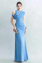 Casi Side-Slit Draped Jersey Gown In Blue Flowering Girl