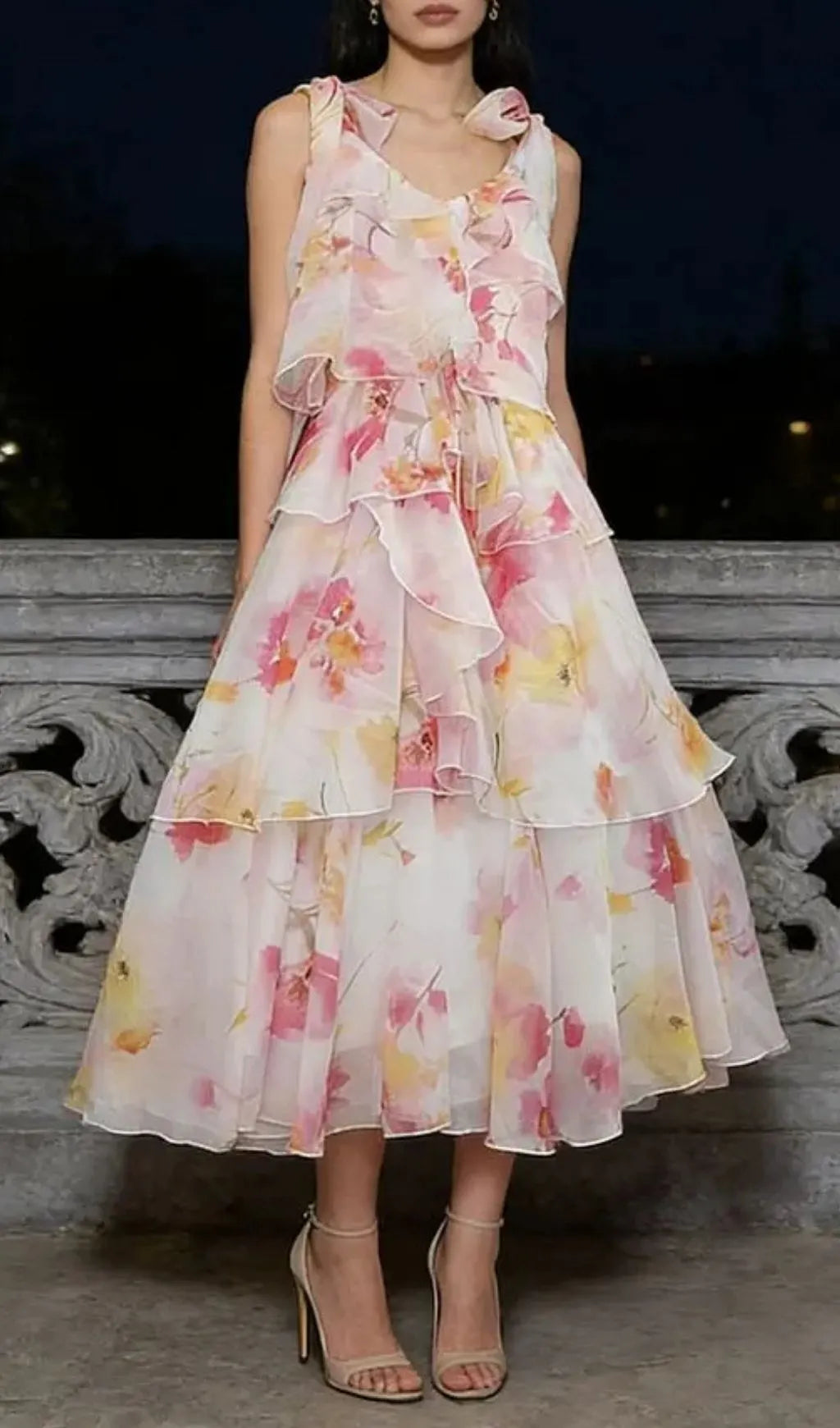 Beverly V-Neck Spaghetti Strap Chiffon Maxi Dress - Pink Flowering Girl