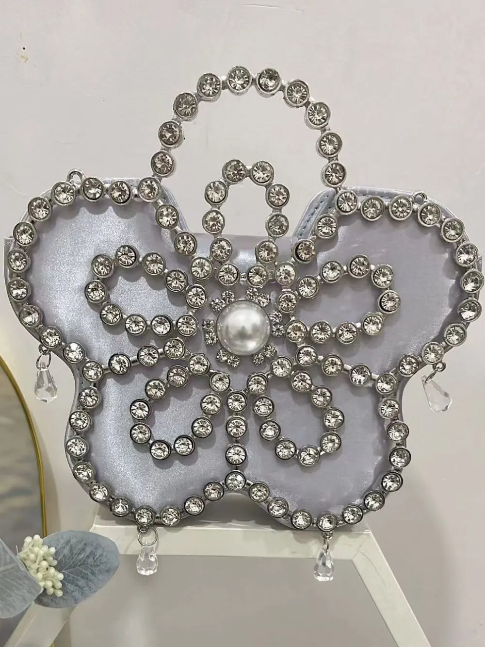 Elysa Flower Diamante Satin Clutch - Black Flowering Girl