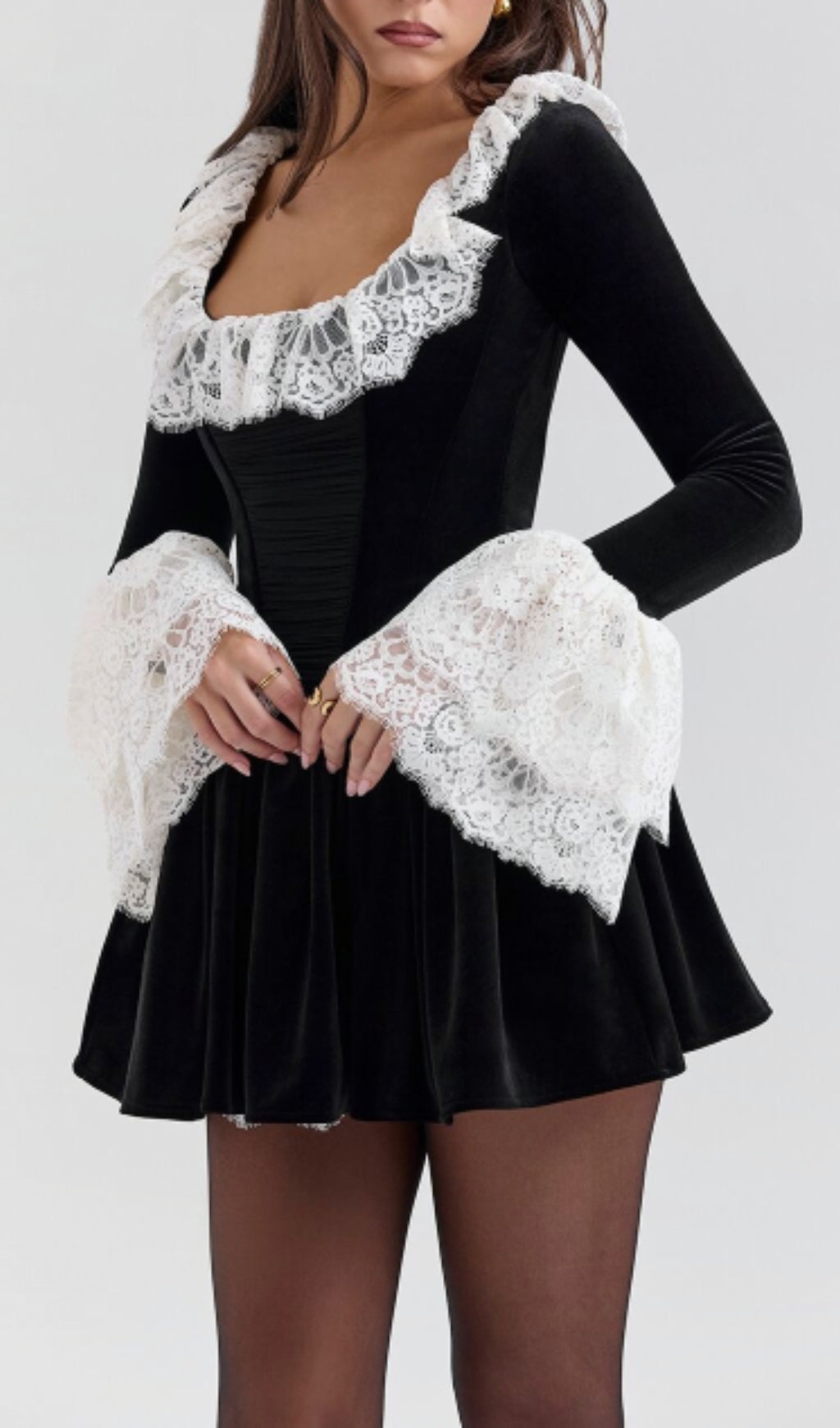 Coy Black Long Sleeve Lace Velvet Mini Dress Flowering Girl