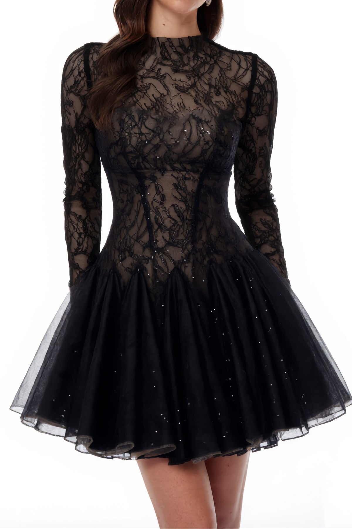Black Sheer Lace High Neck Long Sleeve Tulle Mini Dress Flowering Girl