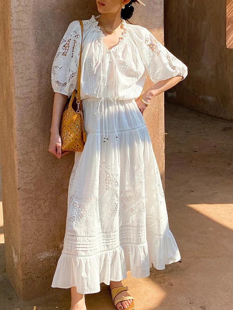 White Eyelet Lace Tiered Maxi Dress With Puff Sleeves Flowering Girl