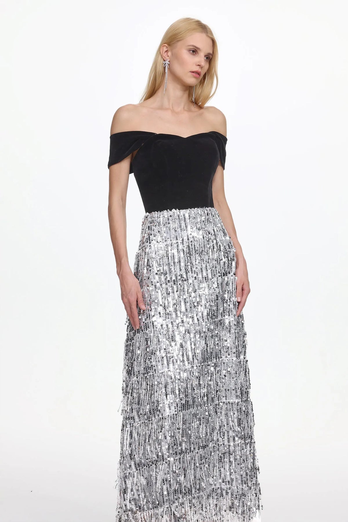 Merrit Off Shoulder Fringe Velvet Maxi Dress Flowering Girl