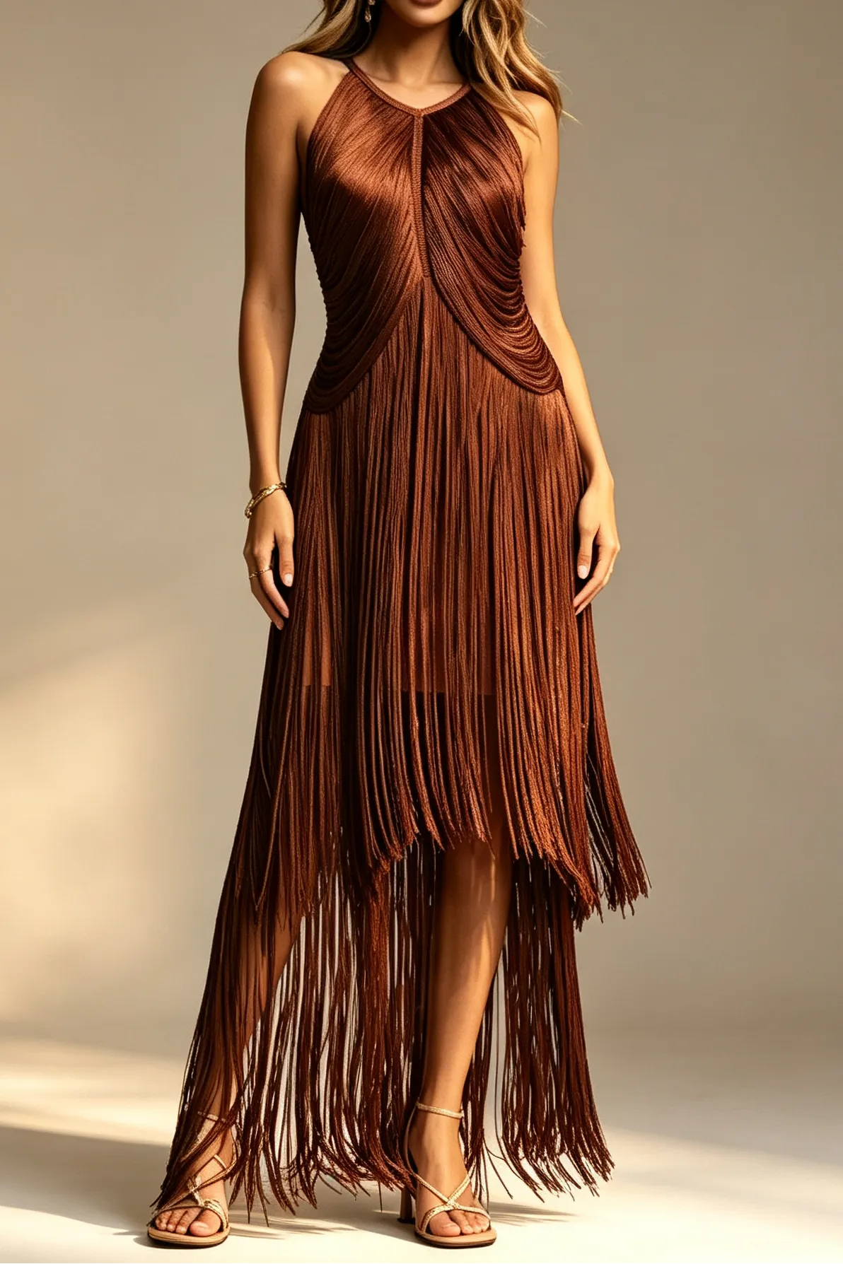 Chocolate Brown Halter Neck Draped Bodice Multi-Tier Long Fringe Bodycon Midi Party Dress Flowering Girl