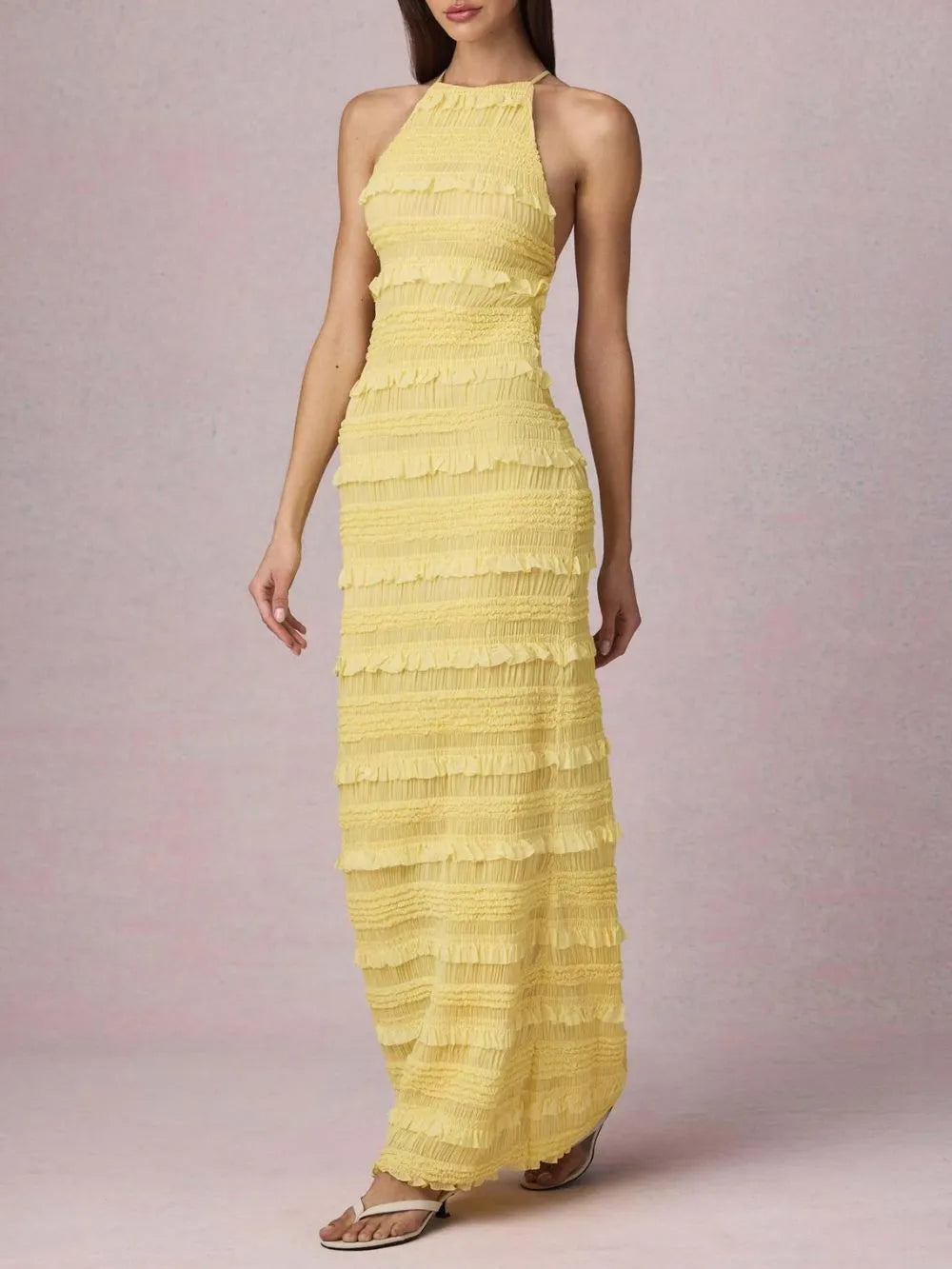 Mercedes Yellow Halter Ruffle Backless Maxi Dress Flowering Girl