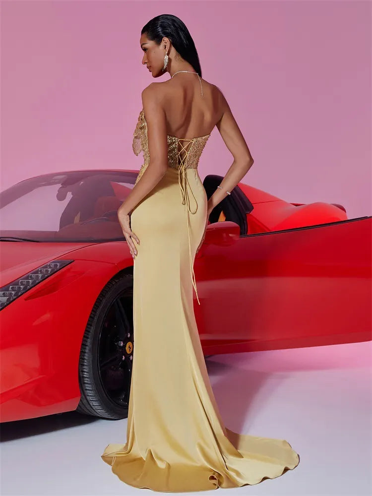 Mayson Gold Strapless Flower Sequin Gown Flowering Girl