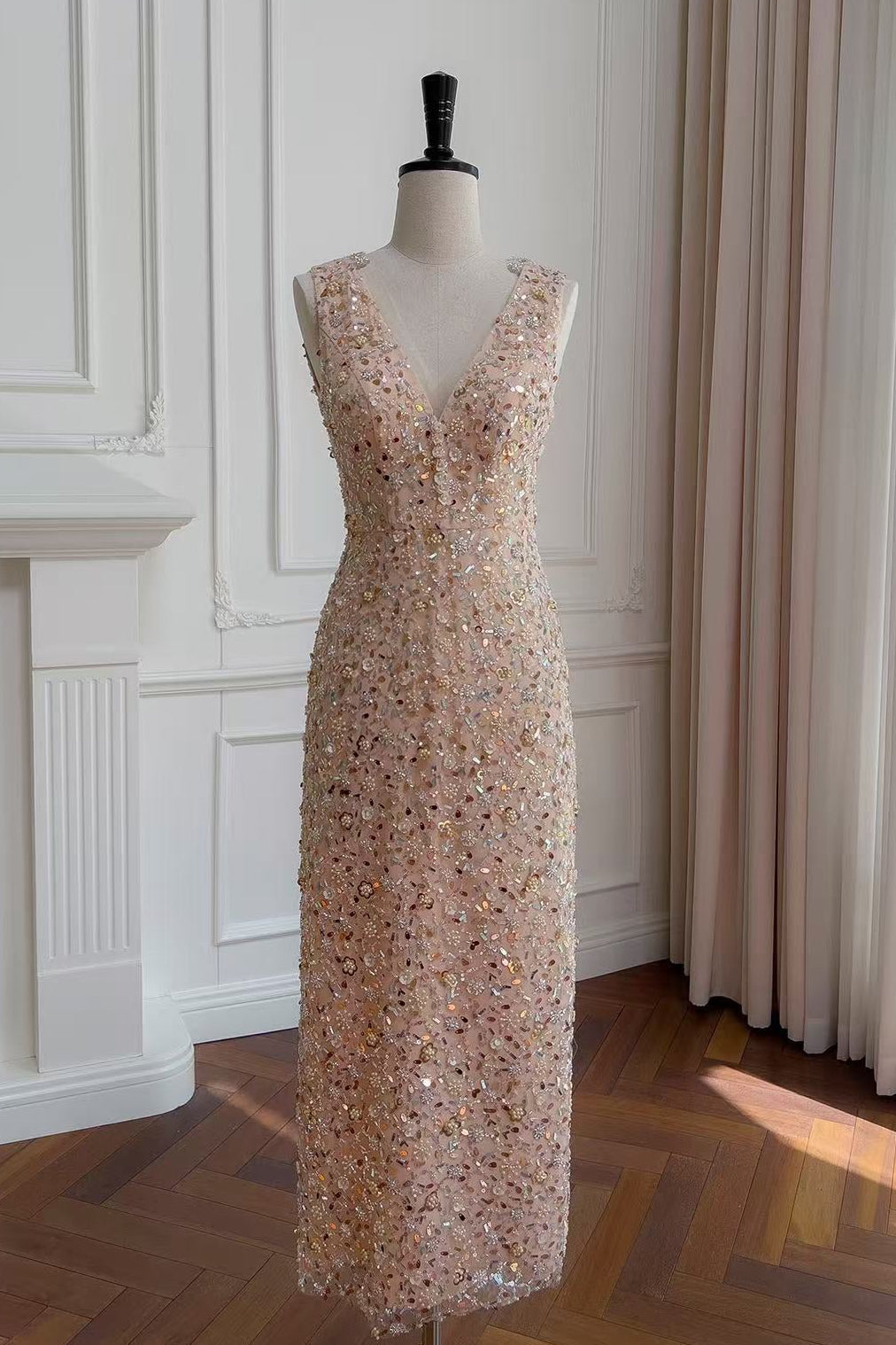 Sleeveless Flower Embroidery Midi Dress In Beige Flowering Girl
