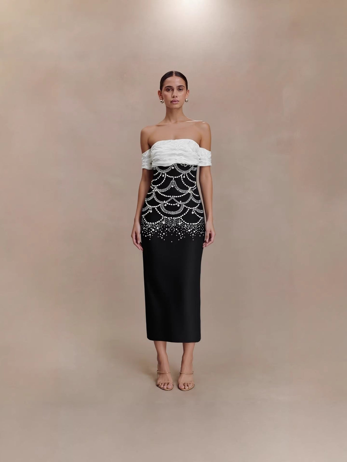 Teresa Beading Rhinestone Strapless Midi Dress In Black Flowering Girl