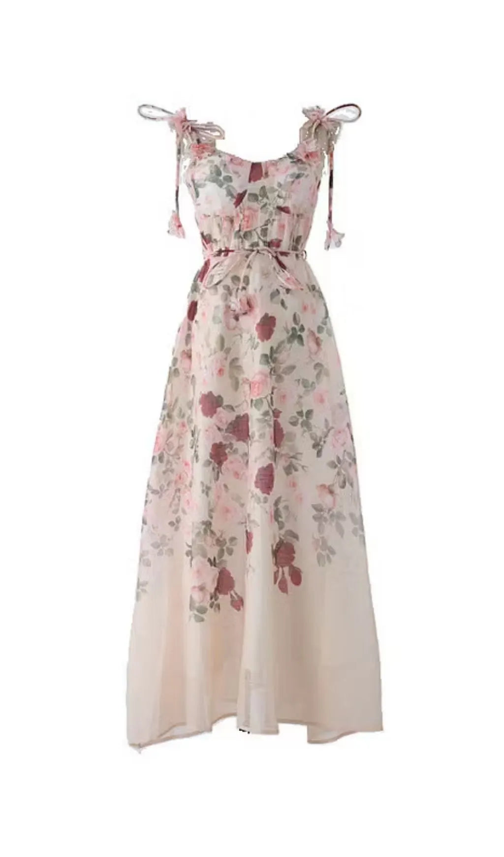 Pastel Floral Print Spaghetti Strap Midi Dress With 3D Flower Appliqués Flowering Girl