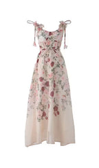 Pastel Floral Print Spaghetti Strap Midi Dress With 3D Flower Appliqués Flowering Girl
