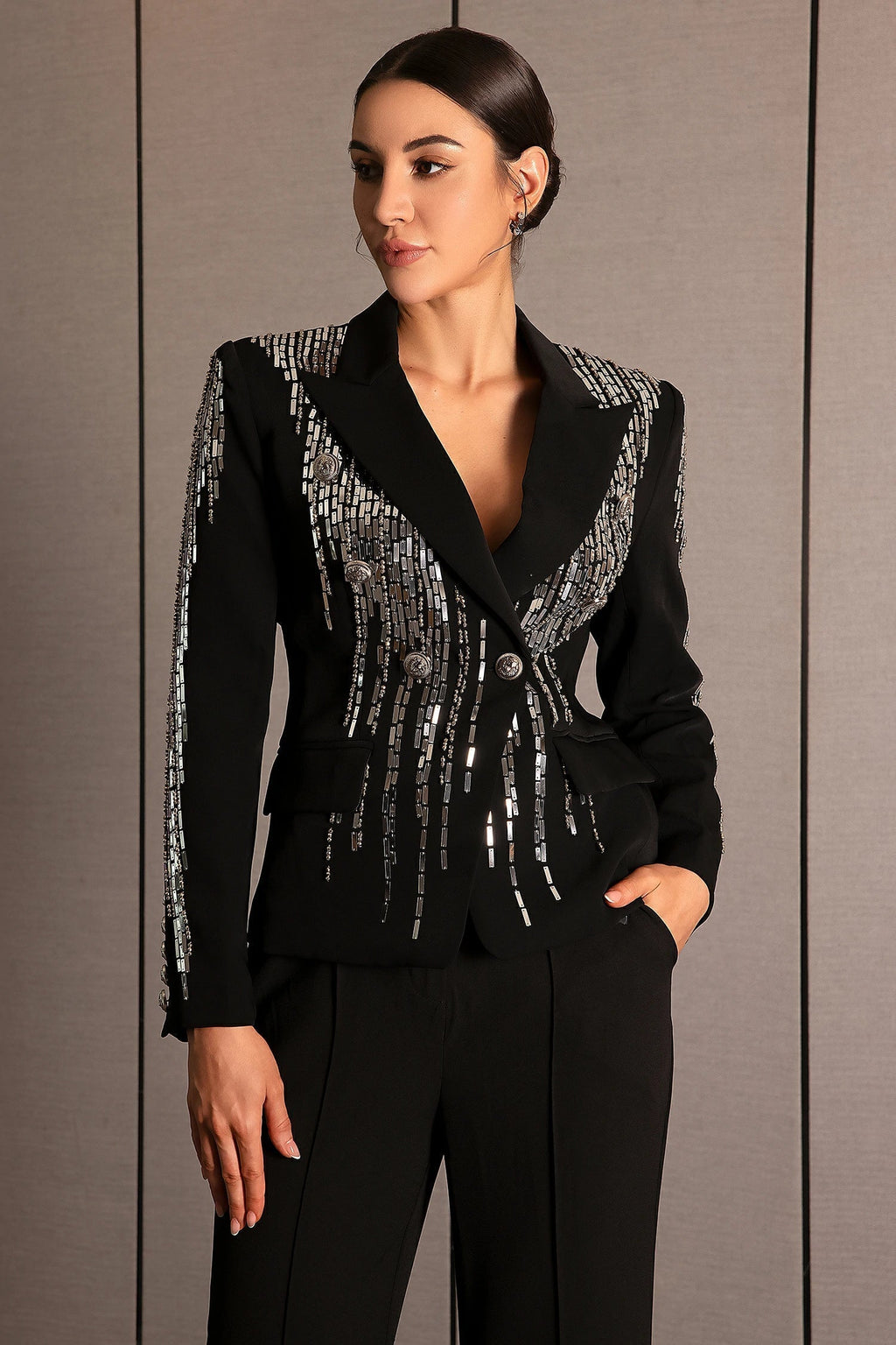 Andrea Faidra Rhinestone Double Breasted Lapel Blazer In Black Flowering Girl