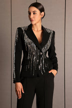 Andrea Faidra Rhinestone Double Breasted Lapel Blazer In Black Flowering Girl