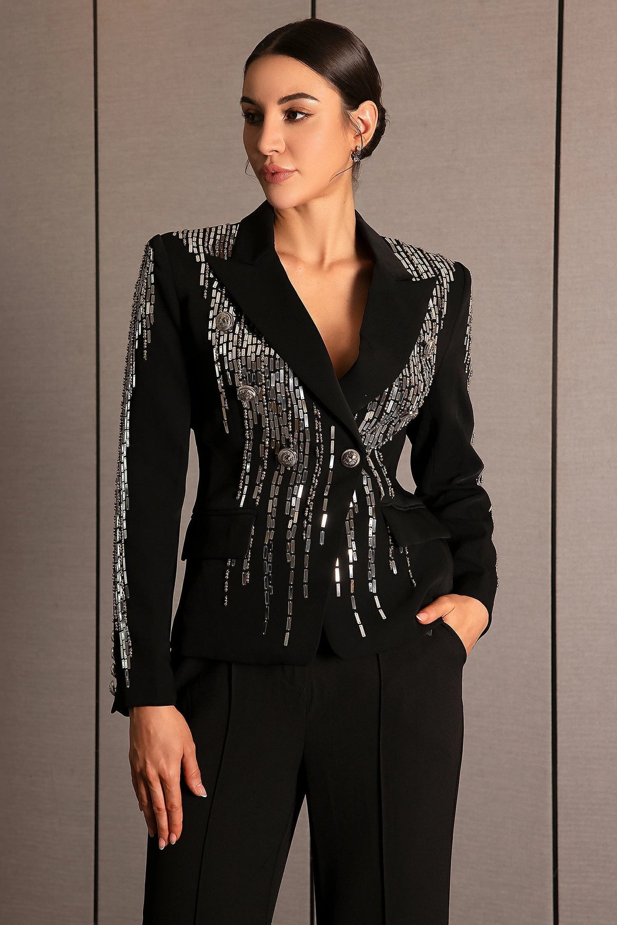 Andrea Faidra Rhinestone Double Breasted Lapel Blazer In Black Flowering Girl