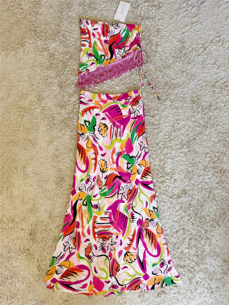 Painted Graffiti Irregular Strap Fringed Skirt Set Flowering Girl