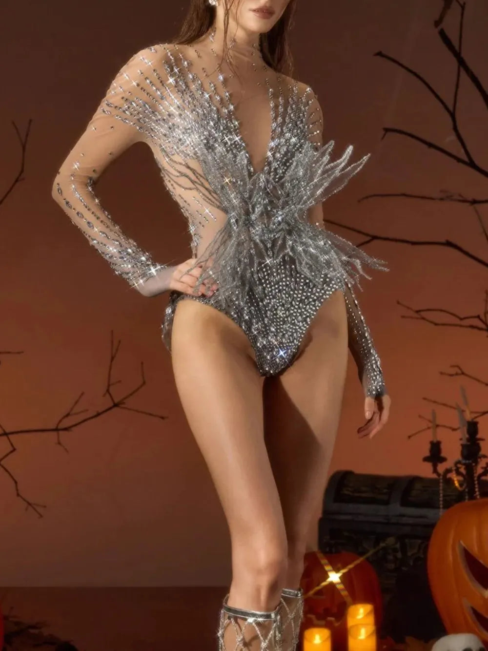 Ghada Long Sleeve Rhinestone Mesh Bodysuit Flowering Girl