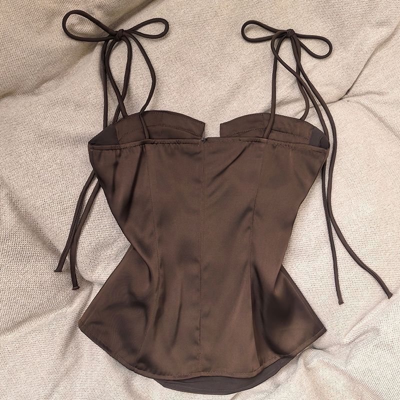 Dark Brown Satin Structured Corset Top Flowering Girl