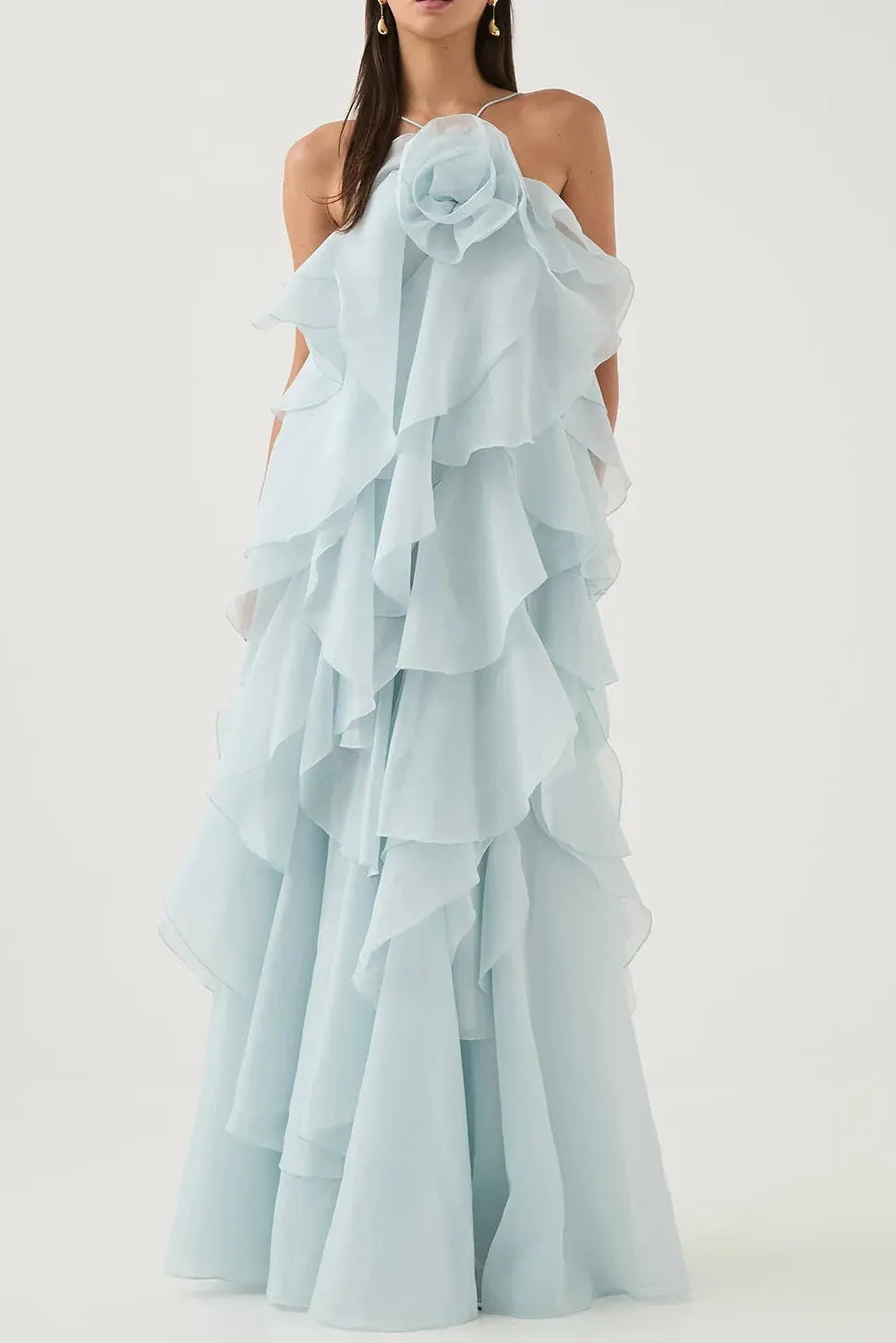 Off-Shoulder Ruffle Layered Maxi Dress In Blue Flowering Girl