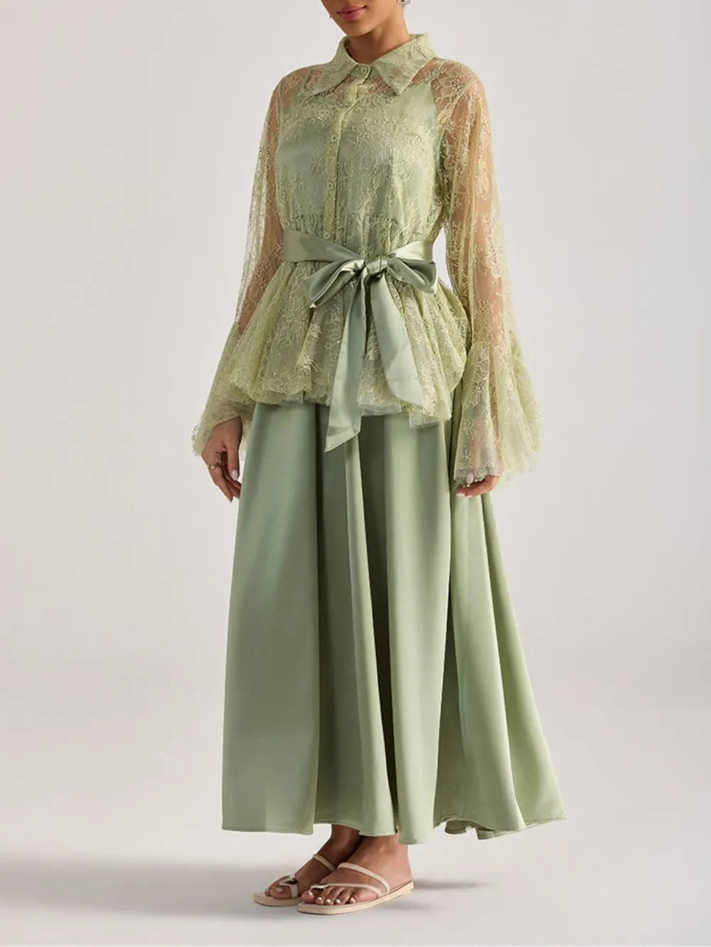 Miori Green Lace Top & Maxi Dress Set Flowering Girl