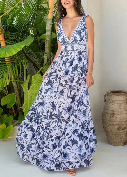 V Neck Lace Up Printed One Piece Swimsuit and Skirt Flowering Girl