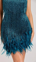 Tassel Feather Mini Dress In Dark Green Flowering Girl