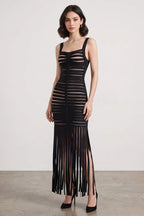 Black Bandage Knit Fringe Maxi Dress Flowering Girl