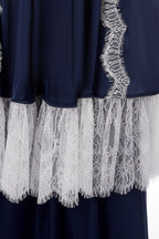 Navy Spaghetti Strap V-Neck Tiered Lace Fringe Maxi Dress Flowering Girl