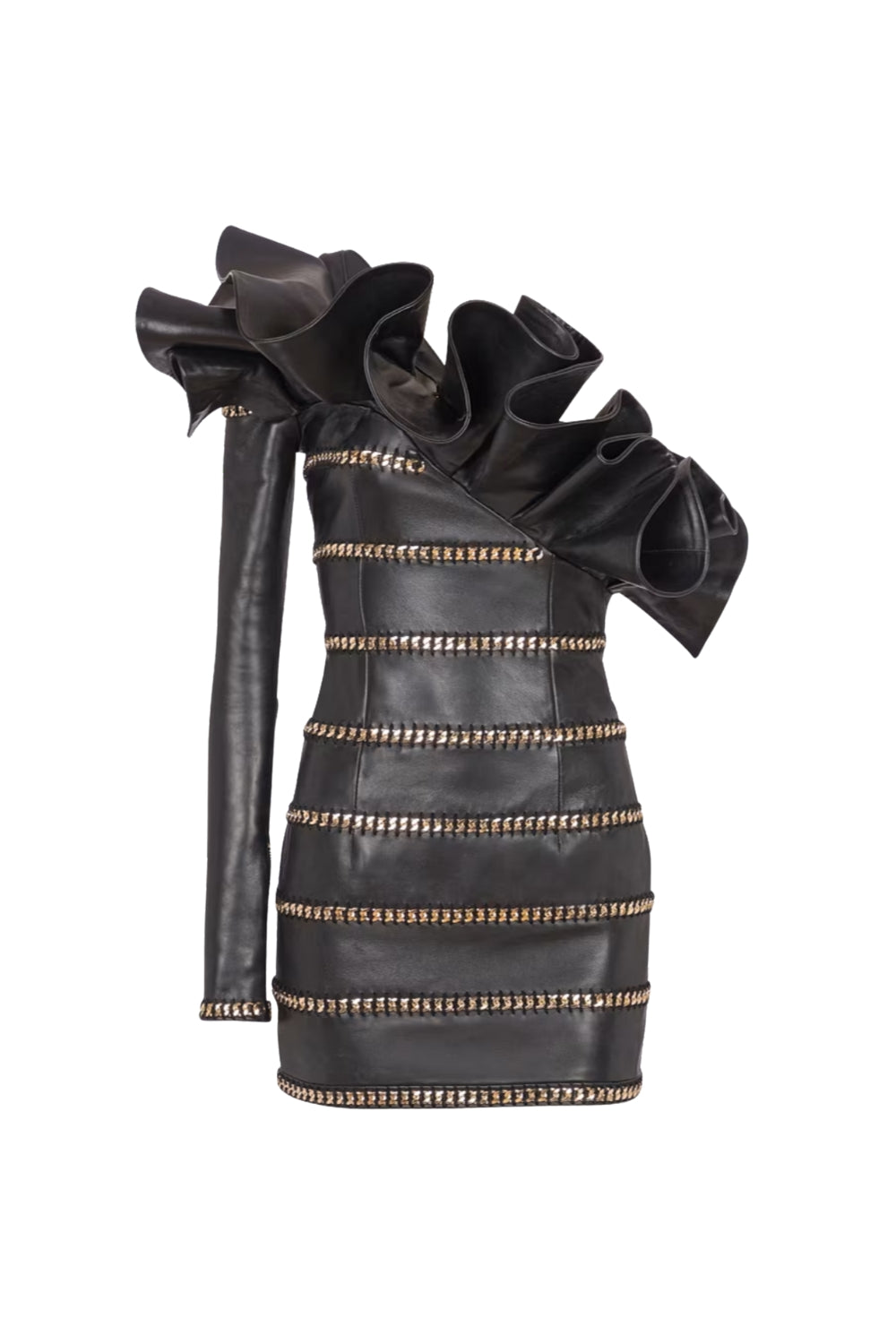 Rantan One Shoulder Asymmetric Leather Ruffle Mini Dress Flowering Girl