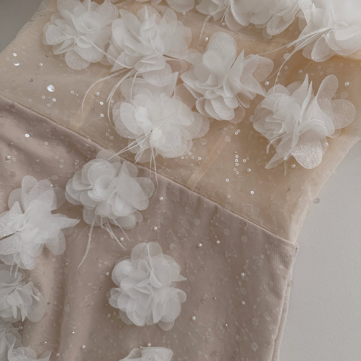 Nude Mesh Overlay Fitted Sheath Mini Dress with 3D Floral Appliqué Flowering Girl