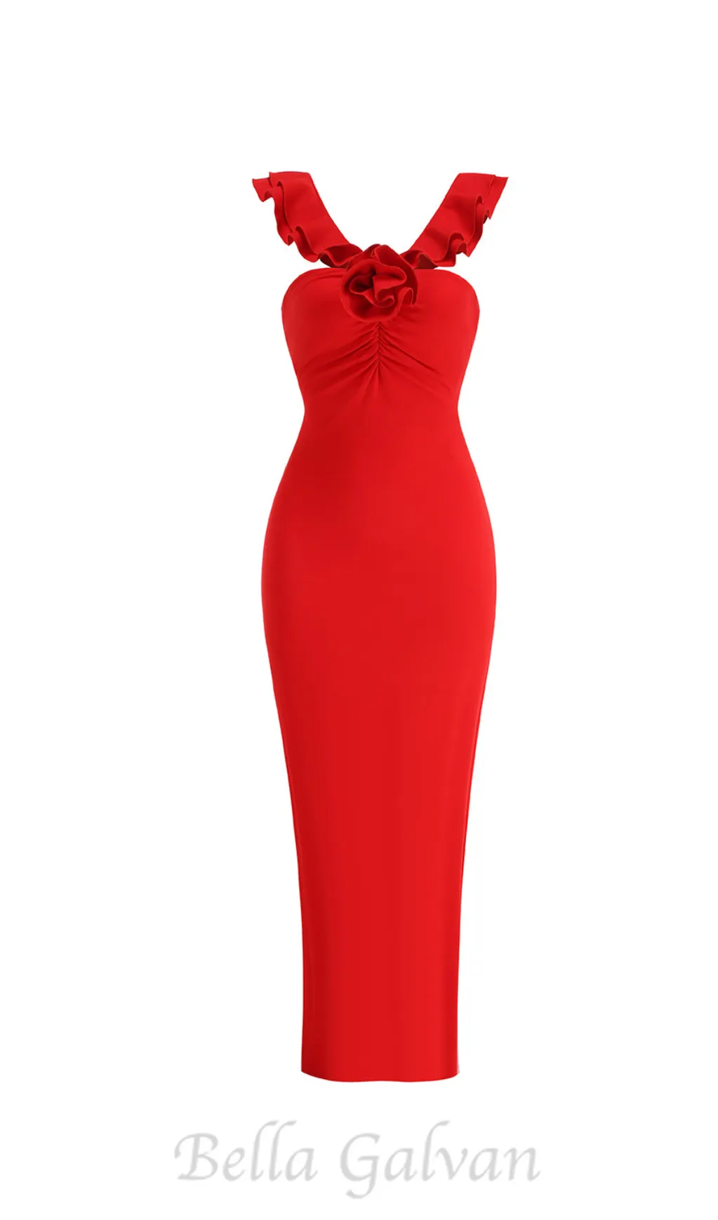 floral ruffle trim halter midi dress in red Flowering Girl