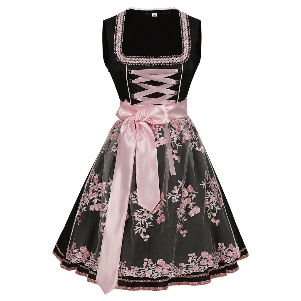 Black Matte Woven Polyester-Cotton Blend Fit-And-Flare Dirndl Dress Flowering Girl