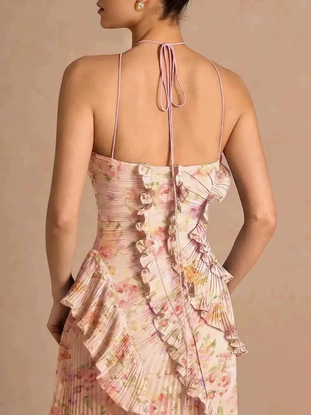 Finneas Pink Floral Halter Pleated Maxi Dress Flowering Girl