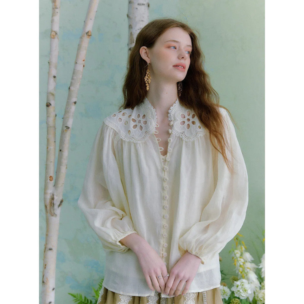 Beige Hollow Embroidered Lantern Sleeve Stand-Collar Ramie Shirt Flowering Girl