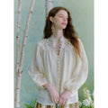 Beige Hollow Embroidered Lantern Sleeve Stand-Collar Ramie Shirt Flowering Girl