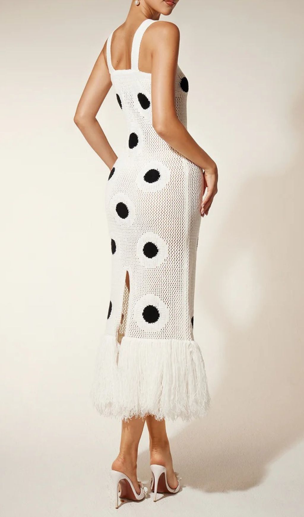 Gaelion Dot Fringe Knitted Midi Dress In White Flowering Girl