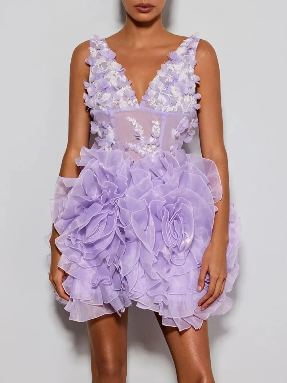 Ervin Purple V Neck Flower Mini Dress Flowering Girl