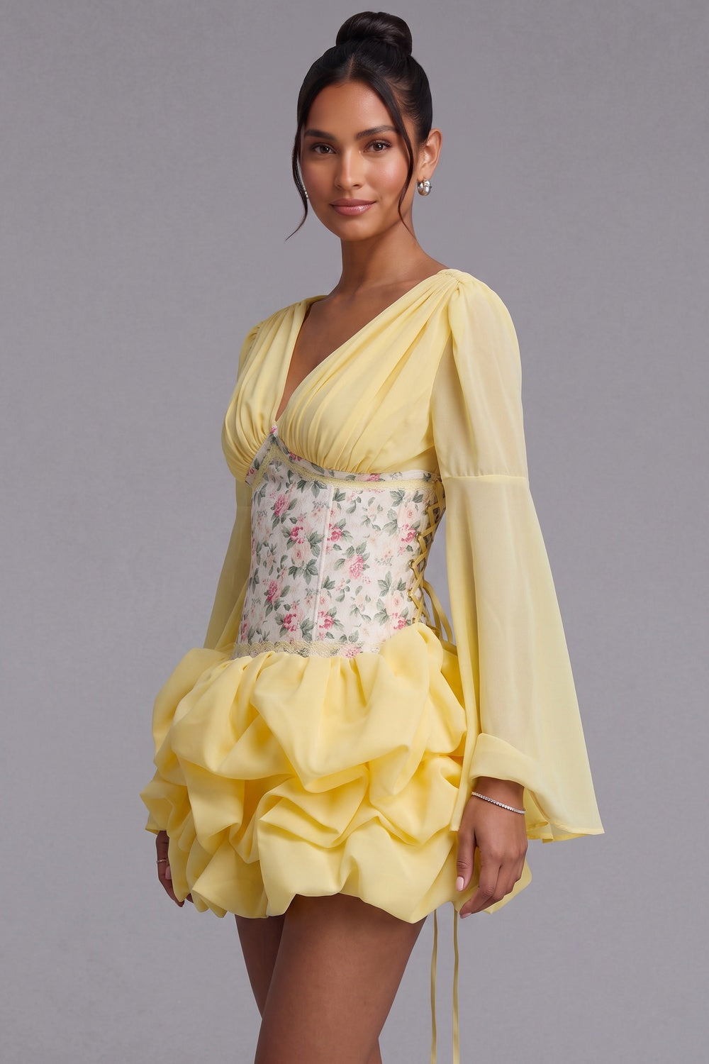 Pastel Yellow Chiffon Fit-and-Flare Mini Dress with Corset Bodice Flowering Girl