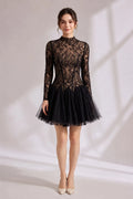 Black Sheer Lace High Neck Long Sleeve Tulle Mini Dress Flowering Girl