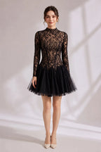 Black Sheer Lace High Neck Long Sleeve Tulle Mini Dress Flowering Girl