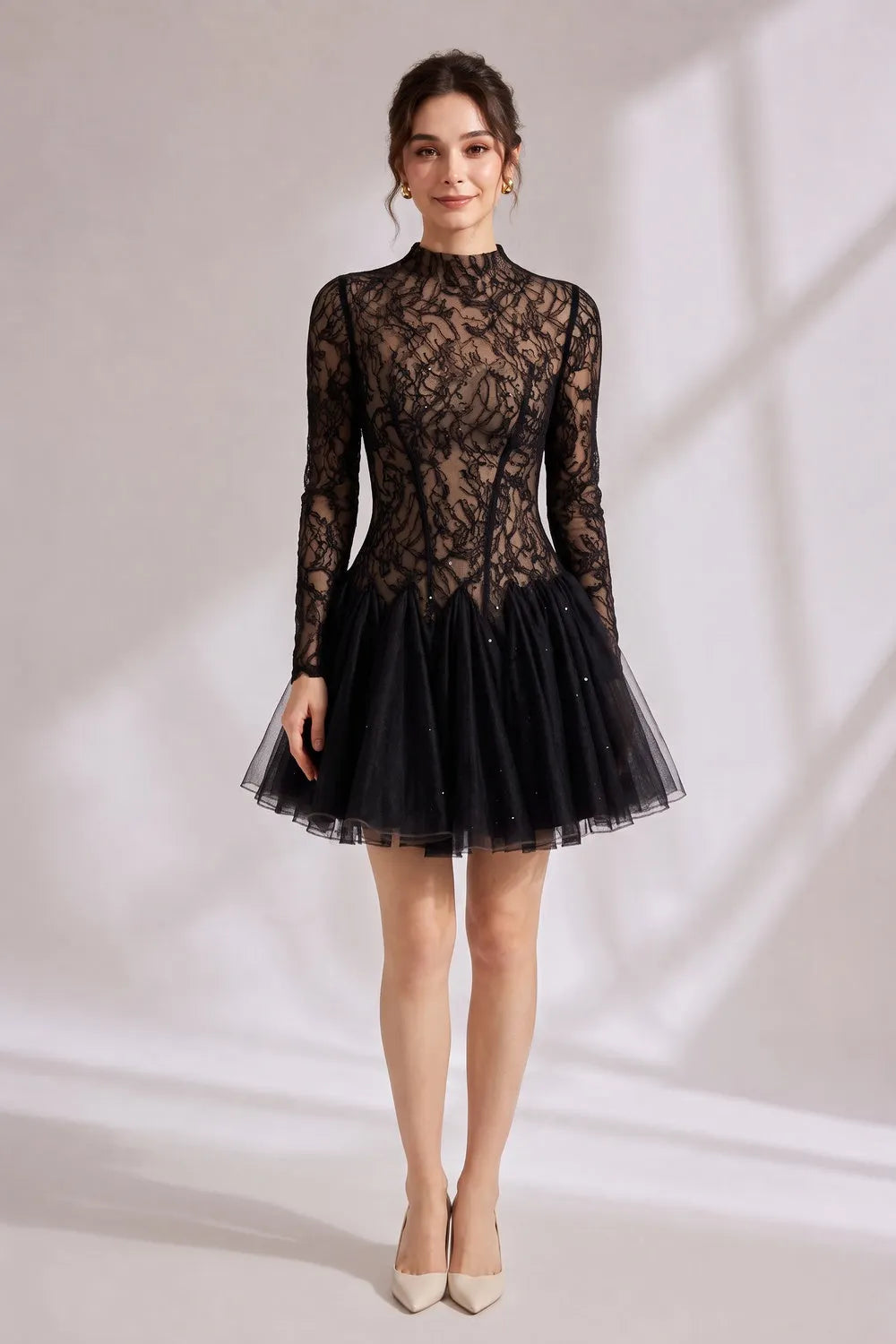 Black Sheer Lace High Neck Long Sleeve Tulle Mini Dress Flowering Girl