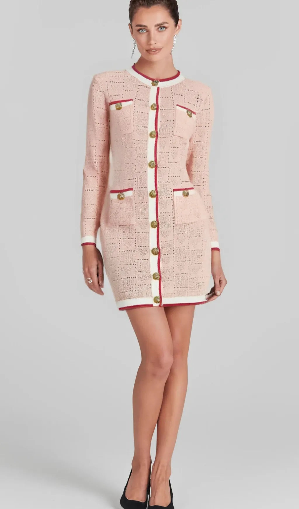 Karine pink long-sleeve patterned-knit mini dress Flowering Girl