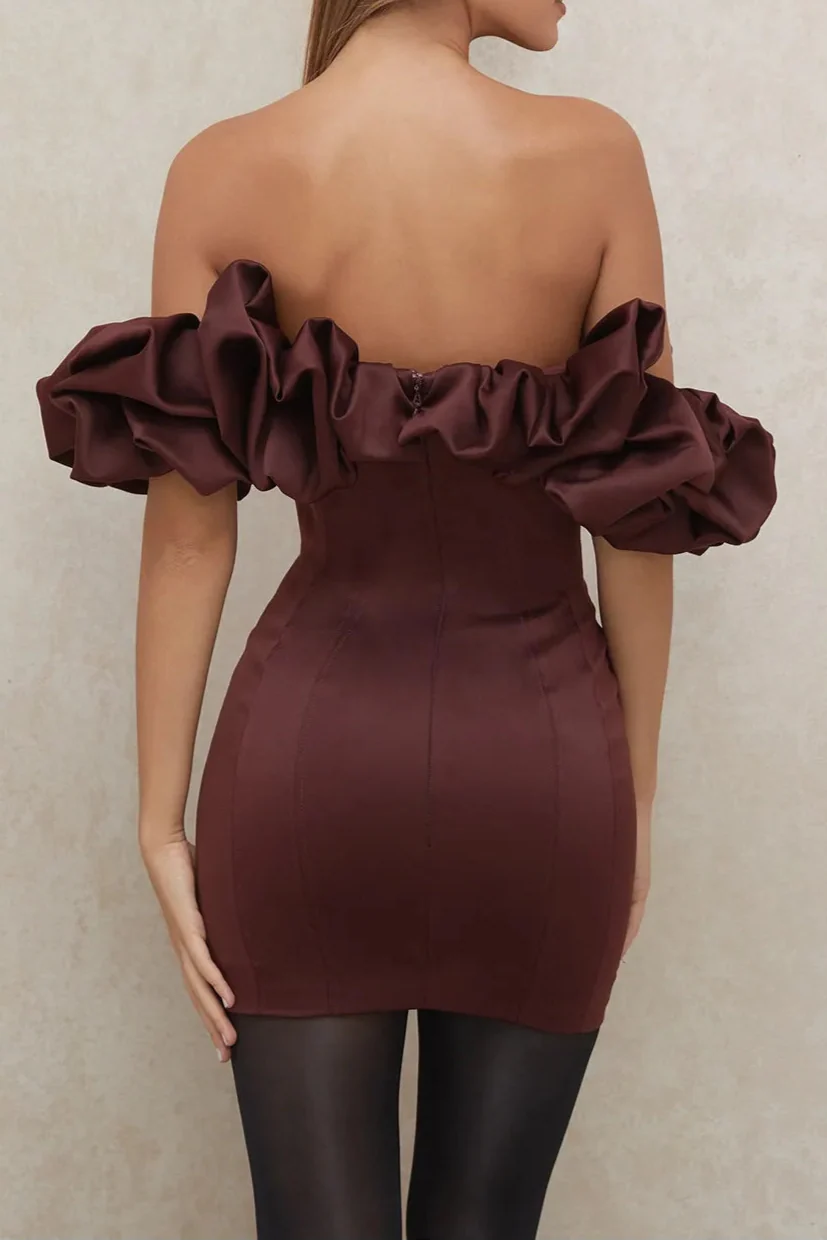 Burgundy Satin Ruffle Strapless Mini Dress Flowering Girl