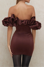 Burgundy Satin Ruffle Strapless Mini Dress Flowering Girl