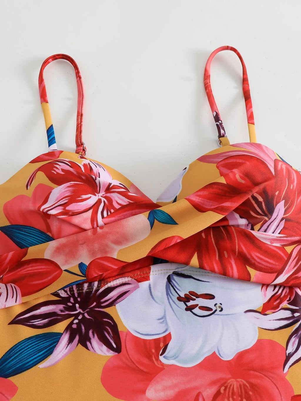 Floral Print Pleated Strap Bikini Flowering Girl