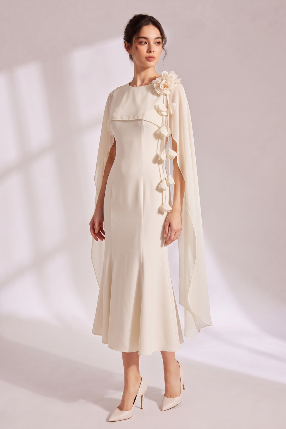 Cape Sleeve 3D Floral Chiffon Midi Mermaid Dress Flowering Girl